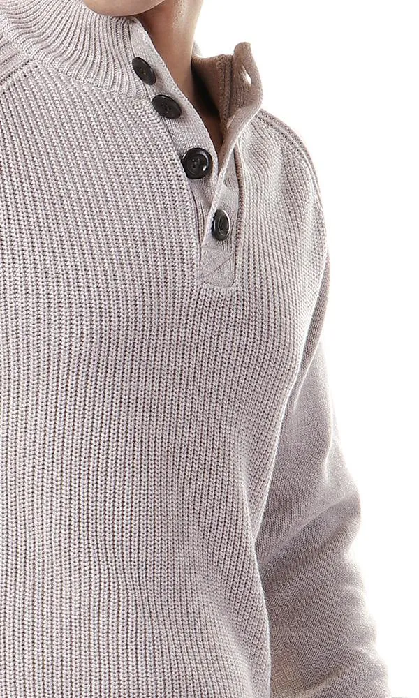 55261 Buttoned Neck Chunky Pullover - Pale Coffee