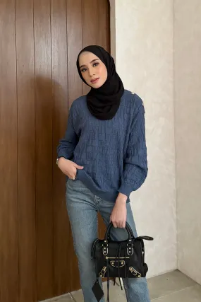 Abjad Sweater - Denim - Atasan Sweater Knit Wanita Motif Gonegani