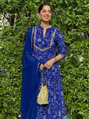 Blue Georgette Floral Kurta Palazzo Set