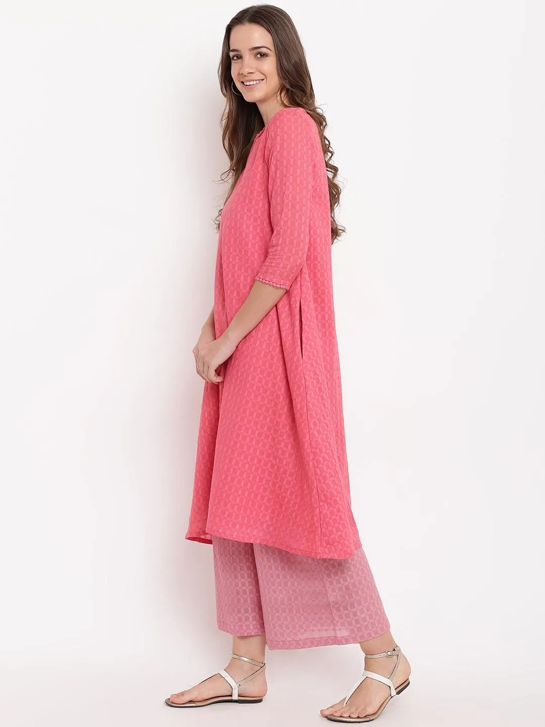 Brick Pink Grid Dobby Kurta-Contrast Palazzo