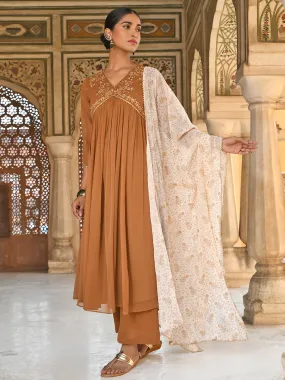 Brown Georgette Floral Embroidery Kurta Palazzo Set