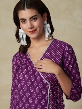 Ethnic & Leheriya Printed Angrakha Kurta with Palazzo - Purple