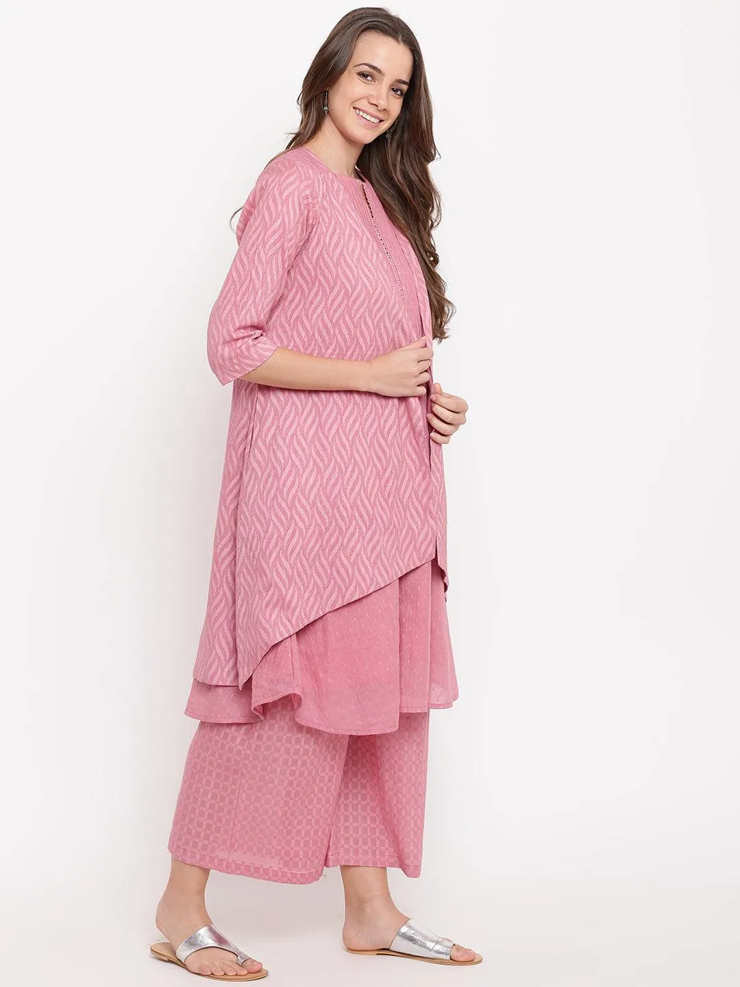 Pink Pin-Tucks Kurta-Palazzo-Jacket