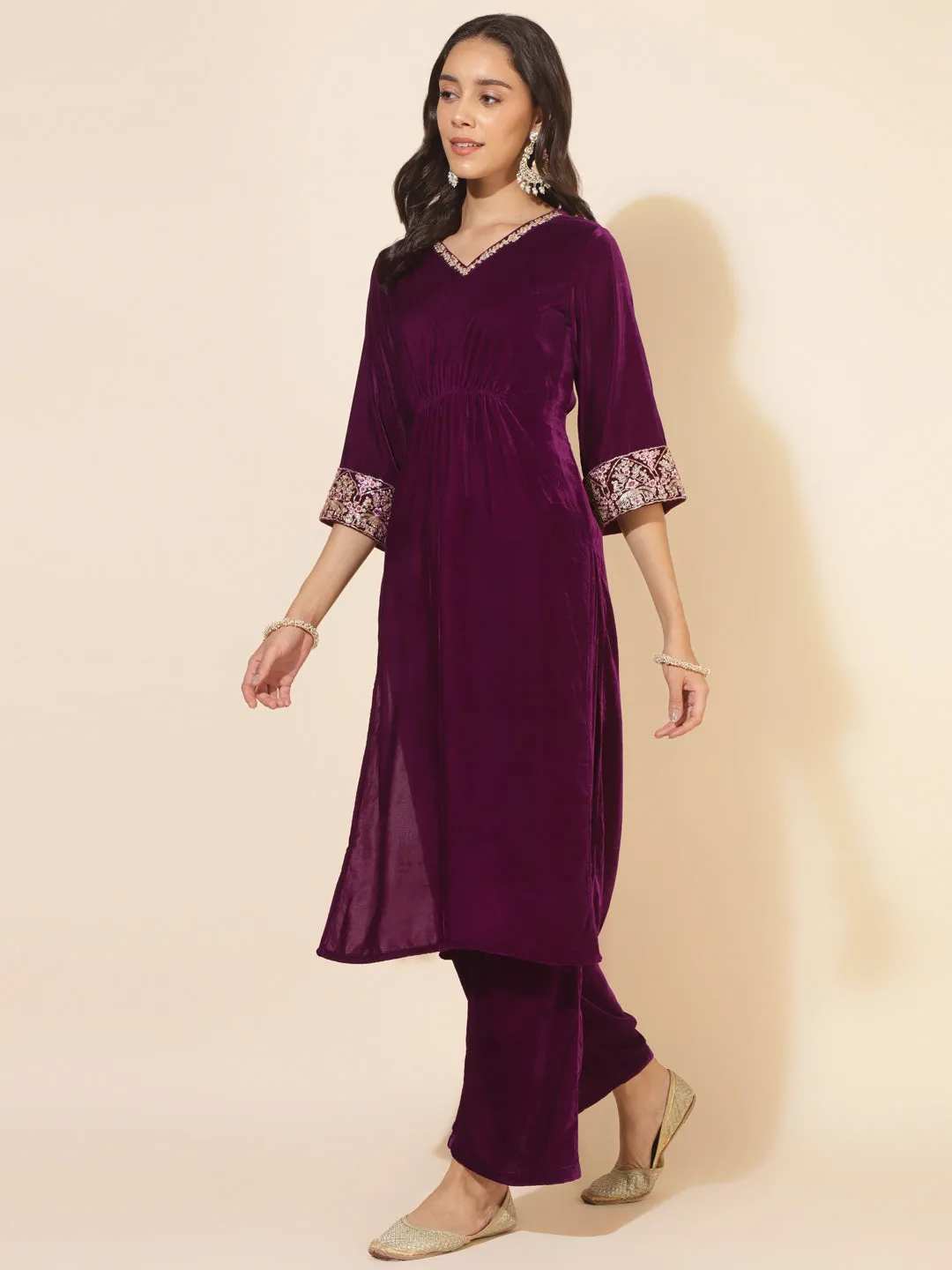 Purple Velvet Embellished Kurta with Palazzo